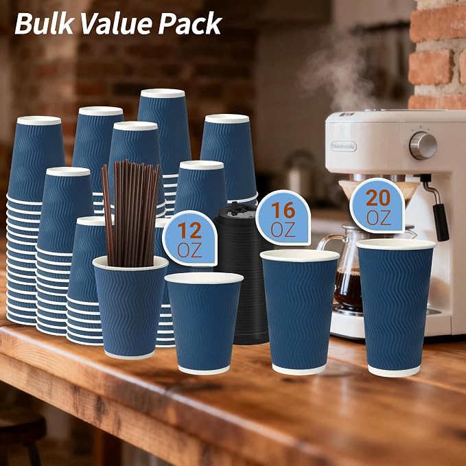 16 oz 100 Pack Corrugated Ripple Wall Disposable Coffee Cups with Lids and Straws, Heavy Duty Insulated Cups for Hot Beverage or Cold Drinks, Bulk for Restaurants, Offices, Coffee Shops(Blue)
