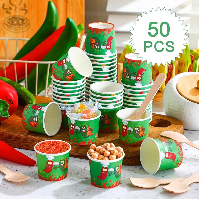 Teenyyou 100 Pcs Chili Cook off Tasting Cups Set, 50 Pcs 2 oz Mini Chili Cookoff Paper Cups and 50 Wooden Spoons Pepper Cook off Party Decorations for Competition Prize Party Cooking Supplies (Green)