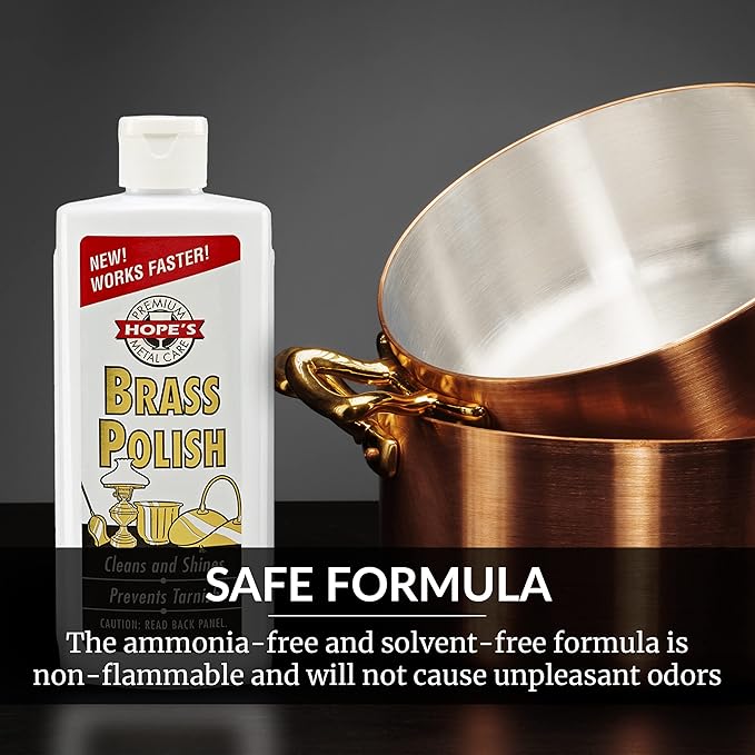 HOPE'S Brass Polish and Cleaner - Protective Tarnish Remover - Great Brass, Copper, Chrome, and Sterling Silver Polish - Polisher for Home Decor, Music Instruments, and Jewelry, 8 Fl Oz, Pack of 1