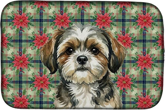 Caroline's Treasures Brindle Shih Tzu Christmas PoinsettIas Dish Drying Mat Absorbent Dish Drying Mat Pad for Kitchen Counter Dish Drainer Mat for Countertop, 14 x 21", Multicolor