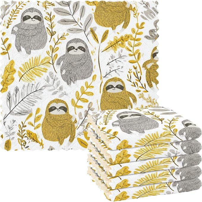 Cartoon Sloths Leaves White Kitchen Towels Dish Cloths Set of 6 Microfiber Cleaning Cloths for Cars Super Absorbent Machine