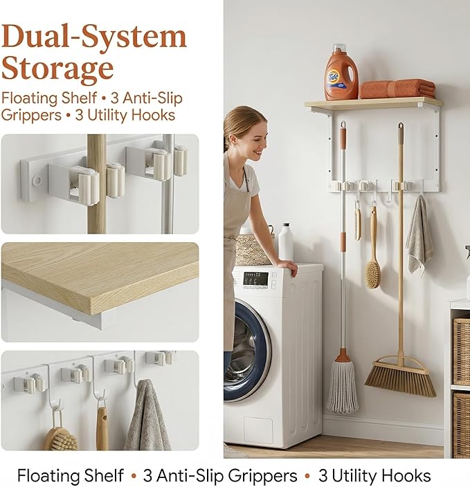 Upgraded Broom Holder Wall Mount with Shelf, Mop and Broom Organizer Wall Hanging, Cleaning Supplies Organizer (small)