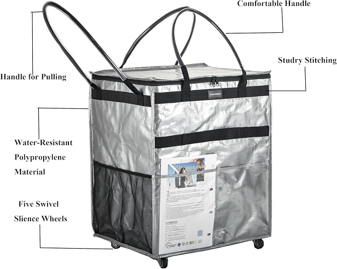 Reusable Grocery Bag On Wheels Large Capacity Shopping Trolley Foldable Rolling Tote with Outside Pocket, Heavy Duty Handle (Silver, Large)
