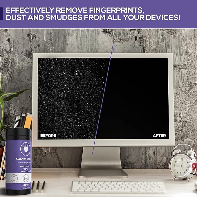 Swanky Cables Electronic Cleaning Wipes - Computer, TV, Monitor, Phone, Laptop, Tablet, Keyboard, Camera & Lens Cleaner, Portable Tech Screen Cleaner - With Microfiber Cloth - Canister, 150 Count