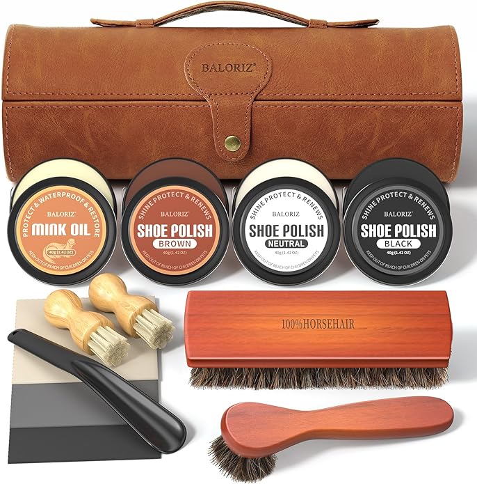 Shoe Polish Kit, 13PCS Leather Shoes Shine Kit for Men with Black Brown Neutral Polish, Mink Oil, Horsehair Brushes for Leathers Boot Care as Mens Dad Christmas Gifts Ideas