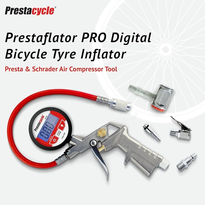Prestaflator Bike Tire Inflator, Presta & Schrader Valve Air Compressor Tool – Works with Tubeless & Standard Tires – Bike & Car Air Compressor Tire Inflator for MTB & Road Bikes