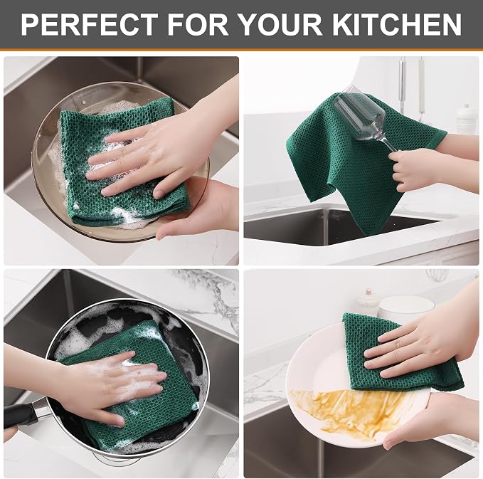 Kitinjoy 100% Cotton Kitchen Dish Cloths (12 X 12 Inches, Dark Green), 6 Pack Waffle Weave Ultra Soft Absorbent Dish Towels for Drying Dishes Quick Drying Kitchen Towels Dish Rags
