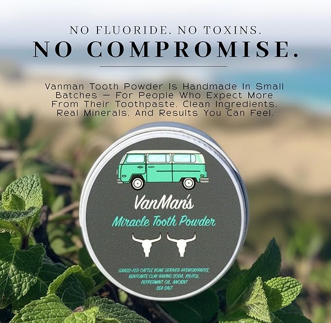Vanman’s - Mint and Bone Tooth Powder Toothpaste (2 Pack) - Remineralizing Tooth Powder with Cattle Bone Derived Hydroxyapatite, Bentonite Clay, Peppermint Oil and Baking Soda - 2.2 oz
