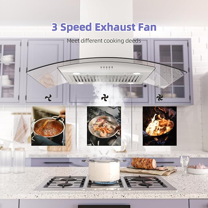 FIREGAS Island Range Hood 36 inch, 700 CFM Ceiling Mount Kitchen Vent Hood Ducted/Ductless Convertible,3 Speed Fan，4 Lights,Permanent Baffle Filters Stainless Steel Stove Hood