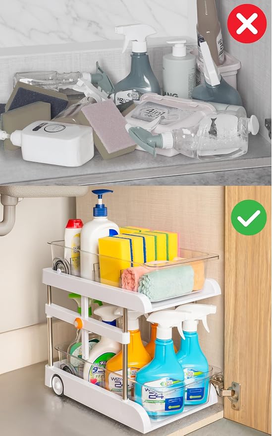GAROOD All-in-One Multipurpose Sink and Height Adjustable Bathroom Cabinet Organizer with Pull Out Drawers, Spice Rack drawer, Sink Sponge Holder, Makeup Organizers, and under sink organizer - 1 pack