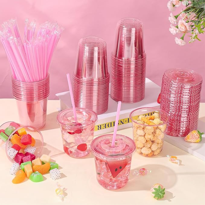 KesaPlan 50 Pack 12 oz Pink Plastic Party Cups with Lids and Straws, Disposable Iced Coffee Cup with Lids, Round Bottom Drinking Cups for Birthday Wedding Valentine's Galentine's Bachelorette Party
