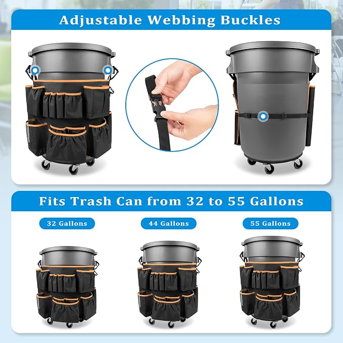 HODRANT Trash Can Caddy Bag Fit 32-55 Gallon Garbage Bin, Cleaning Caddy Bag with Adjustable Buckle for Industrial Trash Can, 13 Pockets Cleaning Tool Organizer for Cleaning Supplies, Orange Edge