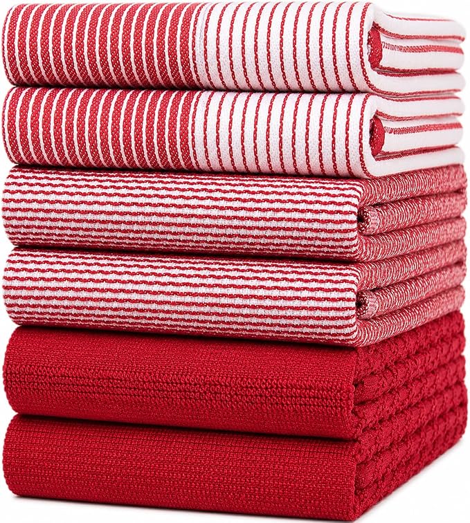 Premium Kitchen Towels (20”x 28”, 6 Pack) | Large Cotton Dish Towels | Flat & Terry Highly Absorbent Kitchen Linen Set with Hanging Loop | Red