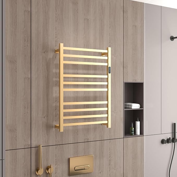 Luxury Heated Towel Rack for Bathroom, Wall Mounted Electric Towel Warmer Racks with Timer & Temperature Multi-Level Adjustable, 10 Bar Stainless Steel Towel Heater for Bathroom (Brushed Gold)