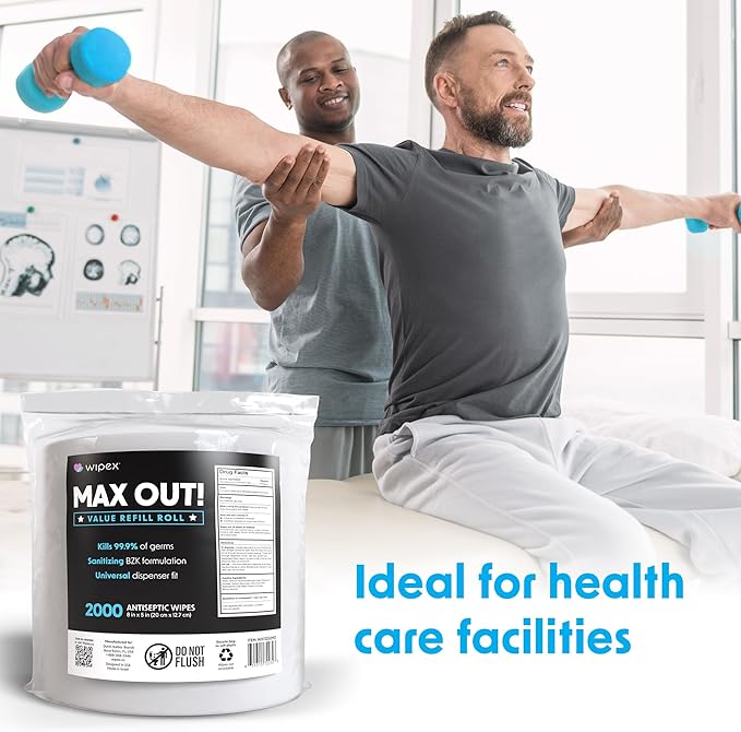 Wipex Max Out Sanitizing Wipes for Fitness Centers - 2000 Wipes Per Roll, Pack of 4, Economy Size Refill Rolls for Dispensers, 5"x8" - Ideal for High Volume Commercial Gyms, Schools & Studios
