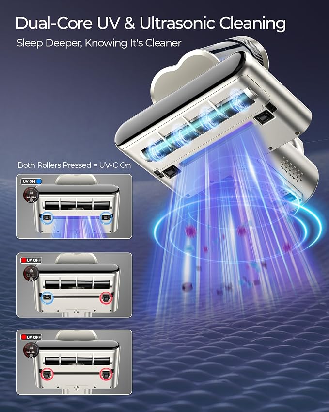 Teant Upgrade Cordless Mattress Vacuum with 18kPa Ultra-Deep Suction, 2-Speed Bed Vacuum with 33000 RPM/Min Roller Brush, 253.7nm UV-C Light & LED Display, 149℉ Heat, Aroma & Anion for Bed Sofa