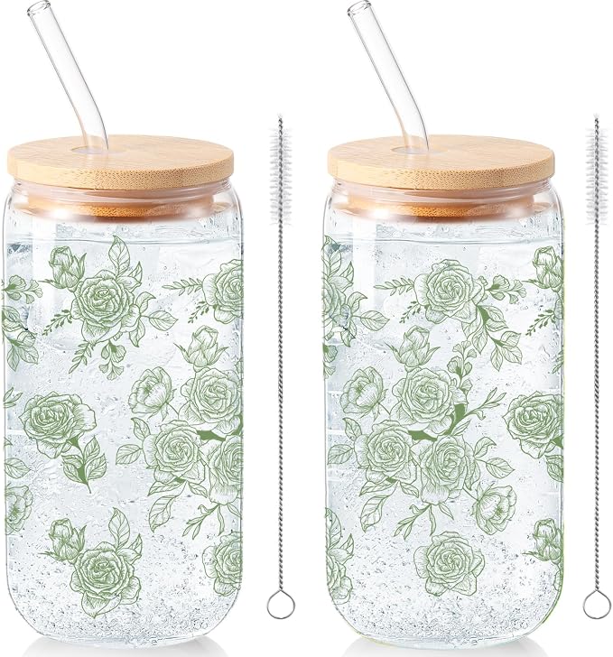 Sliner 2 Pcs Green Floral Glass Tumblers with Straw and Lid Flower Cups Drinking Glasses 16 oz Iced Coffee Can Tumbler Holiday Gifts