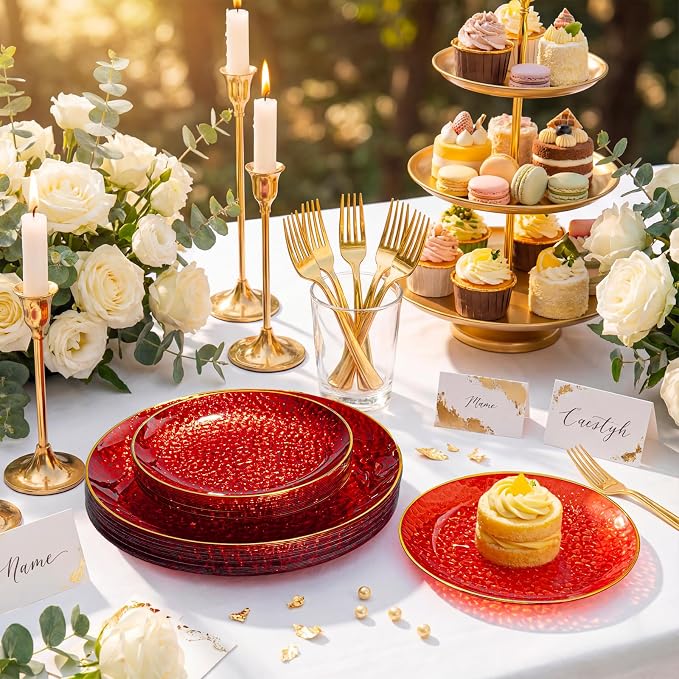 DaYammi 240Pcs Red Plastic Plates Including 120Pcs Red Dessert Plates and 120Pcs Gold Forks,Hammered Party Plate,Appetizer plates Heavy duty Disposable Plastic Plate for Party Wedding Bridal Shower