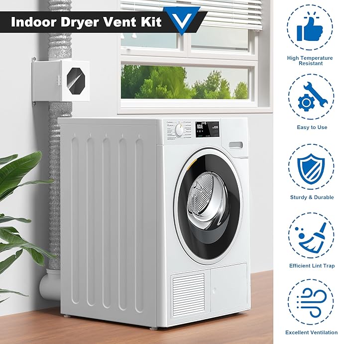 Dryer Lint Trap, Indoor Dryer Vent Kit, Metal Lint Catcher Box with 90 Degree Dryer Vent Elbow Set Vent Duct Hose Clamps Sealing Tape Cleaning Brush Filter Screens Space Saving Connector Kit
