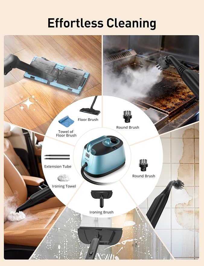 Aspiron Steam Cleaner, 293°F 58 PSI Powerful Multipurpose Handheld Steam Mop for Home Use, 21 Attachments, 50Oz Capacity, Heavy Duty Steamer for Carpets, Floors, Cars, Tiles, Crack, Aquamarine