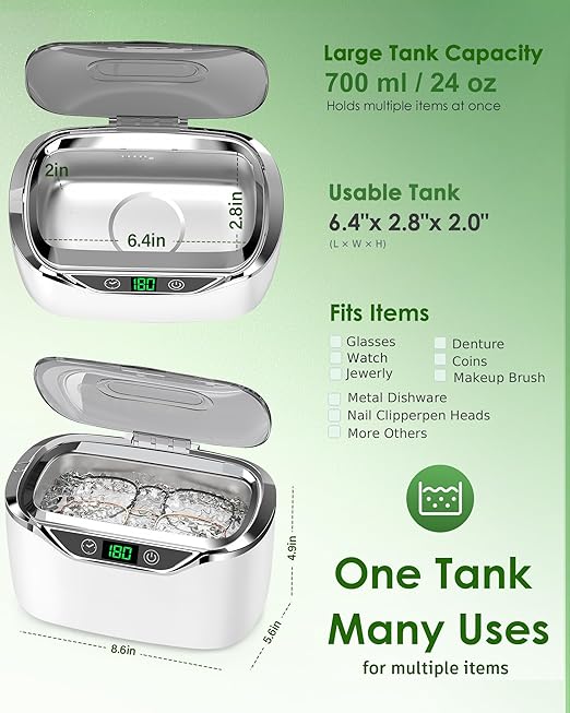 Ultrasonic Jewelry Cleaner, 24oz (700ml) Ultrasonic Cleaner with 48kHz High-Frequency, 5 Cleaning Modes, 304 Stainless Steel Tank, for Jewelry, Eyeglasses, Dentures, Coins, Watch Bands, Ring