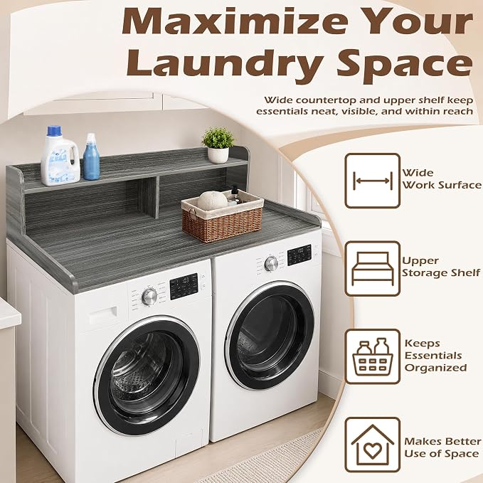 Royxen Laundry Countertop with 2-Tier Shelf Universal Fit, Washer and Dryer Countertop with Storage Space, Shelf Height 11.5 Inches, Solid Wood Core, Eucalyptus