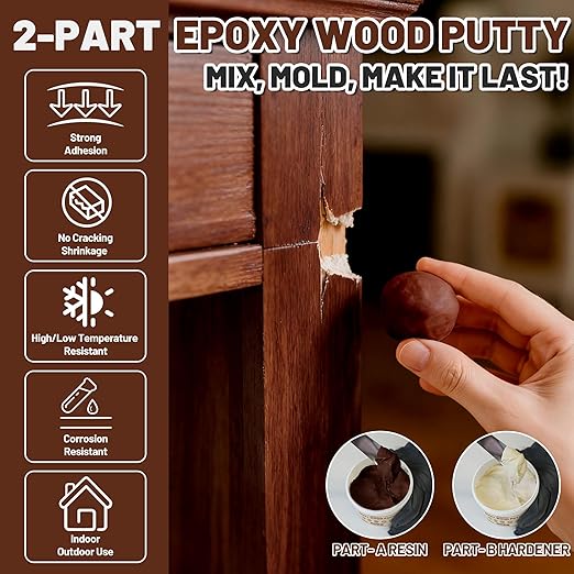 Epoxy Wood Putty Filler Kit, High Capacity Strength Wood Epoxy & Repair Kit - Stainable Paintable 32oz 2-Part Putty Filler, Woodon Filler Interior & Exterior Furniture Repair Set for Damages (Brown)