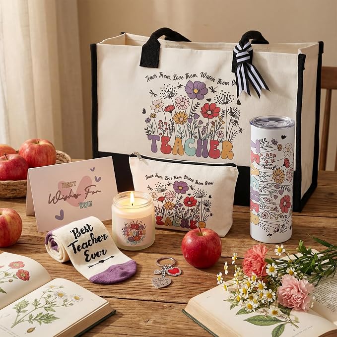 Patelai 7 Pcs Graduation Teacher Appreciation Gift Set, Thank You Teacher Gifts for Women with 20oz Tumbler Tote Bag Candle Makeup Bag Keychain, End of Year Teachers Gift Ideas Back to School Gifts