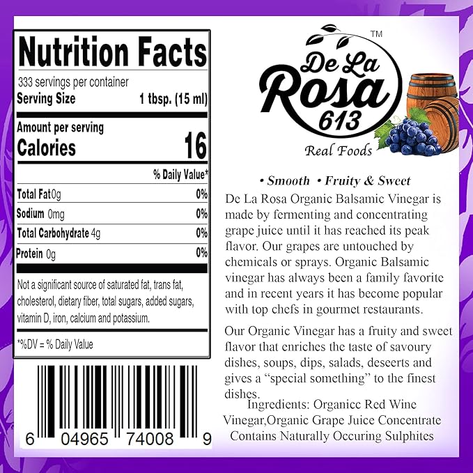 De La Rosa Organic Dark Balsamic Vinegar, Fruity & Juicy, Vegan, Kosher, Non-GMO & Gluten Free, Great for Salad Dressings, Marinades & More 5 Liter (Pack of 1)