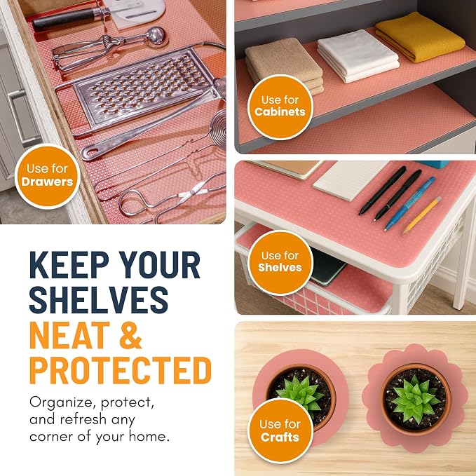 Refrigerator Liners for Shelves (16 Pack) by Linda’s Essentials - Non-Adhesive Shelf or Drawer Liner, BPA-Free Fridge Mats for Kitchen & Cabinets, Easy to Clean, Ideal Household Essentials (Pink)