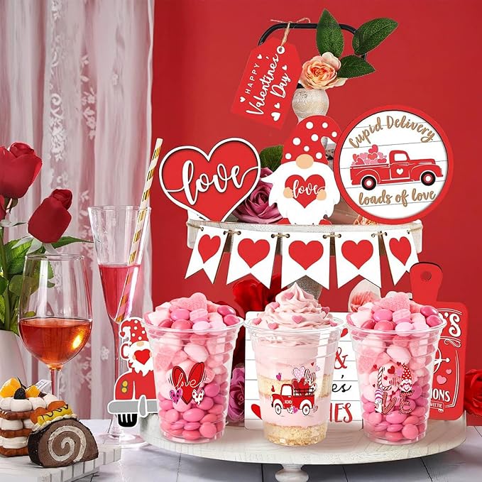 100PCS Valentine's Day Plastic Cups, 16 Oz Disposable Love-Themed Party Cups with Heart, Truck & Gnome Designs, Clear Plastic Cups for Anniversary, Romantic Parties