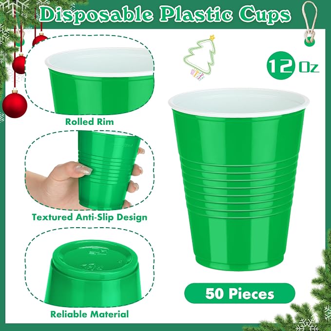 Kochorie 50 Pack Disposable Plastic Cups 12 Ounce Green Solo Cups Drinking Party Cups Bulk Party Cups for Christmas Halloween Wedding Birthday Parties, Picnics Events