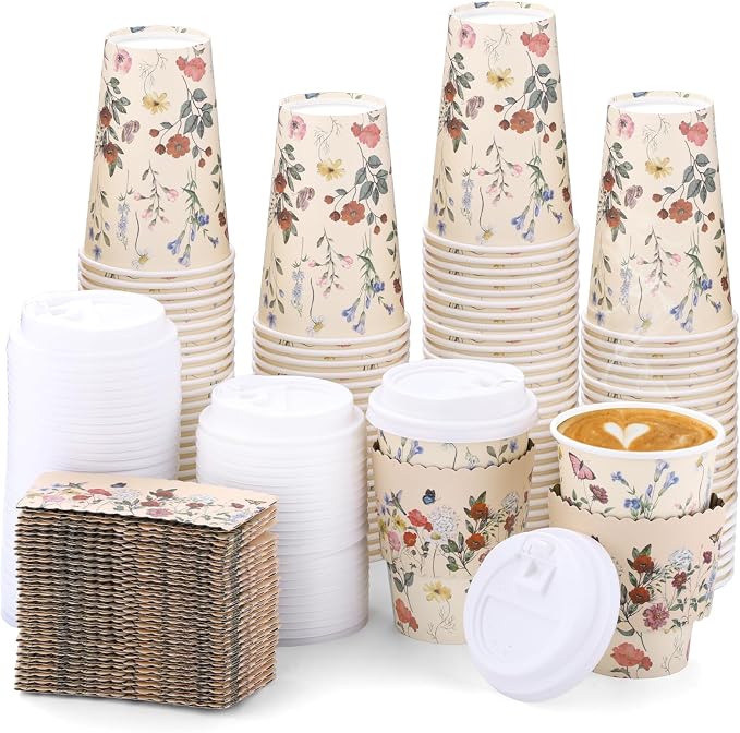 60 Pack Vintage Floral Coffee Cup with Lids Sleeves, 12oz Spring Insulated To Go Coffee Cup Tea Party Cups Disposable Wildflower Paper Cups for Birthday Garden Wedding Baby Bridal Shower Supplies