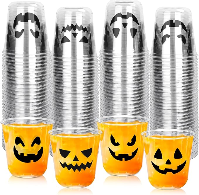 JarThenaAMCS 60Pcs Halloween Plastic Cups Spooky Pumpkin Face Disposable Clear Stemless Wine Cocktail Glasses 12 Oz PET Drinkware Cups Set for October Trick or Treat Birthday Party Supplies