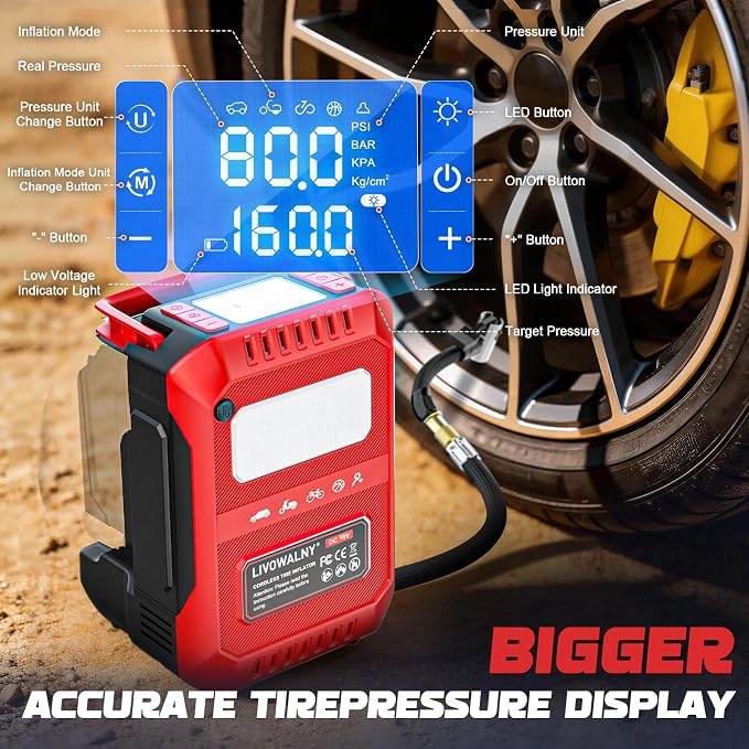 5X Faster Tire Inflator Air Compressor, LIVOWALNY 160PSI Cordless Air Pump Compatible with Milwaukee 18V Battery with Digital Pressure Gauge, Deflator & Auto Shut-Off for Car, Bicycle (Tool Only)