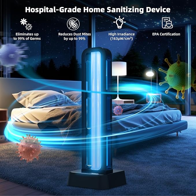 39W UV Light Sanitizer with Remote Control and 3 Timers – Home Disinfection Device 99.99% Removed of Germs, Viruses, Mold and Dust Mites – Whole Room UVC Lamp for Home and Office