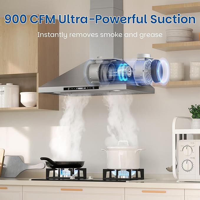 FIREGAS Wall Mount Range Hood 30 Inch, 900 CFM Ducted Kitchen Hood 3-Speed Exhaust Fan, Gesture/Touch Control, Timer, 2 Baffle Filters, Stainless Steel Stove Vent Hood