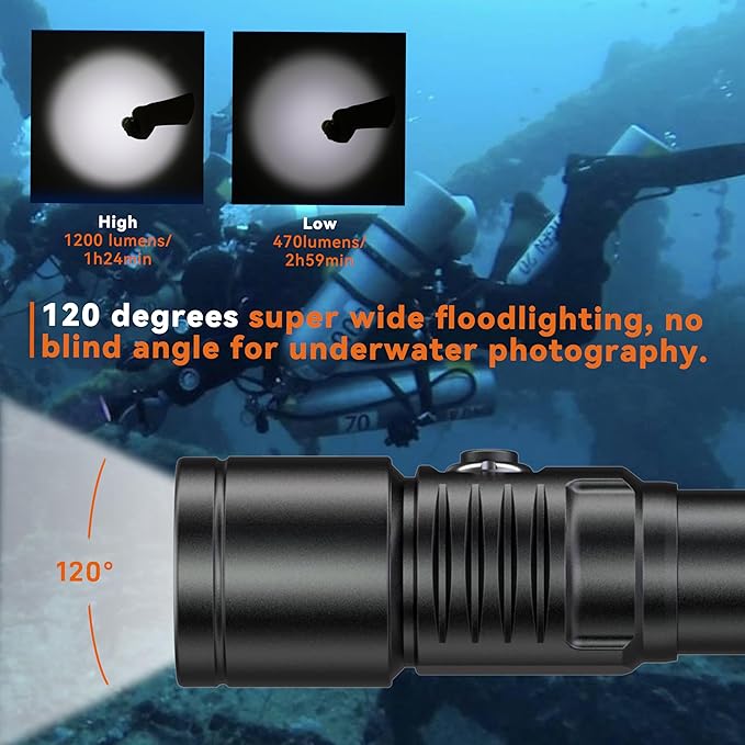 ORCATORCH D530V 1200 Lumens Underwater Video Light, 120° Super Wide Beam Dive Flashlight, 2 Modes with ZJ18 Ball Joint, IP68 Waterproof (150m) for Scuba Diving Photography/Videography