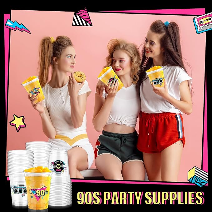 Pickmesh 50 Pcs 90s Theme Party Decorations Back to 90's Plastic Cups Hip Hop Party Supplies 12 oz Thick Clear Disposable Drinkware Cups Retro Music Supplies