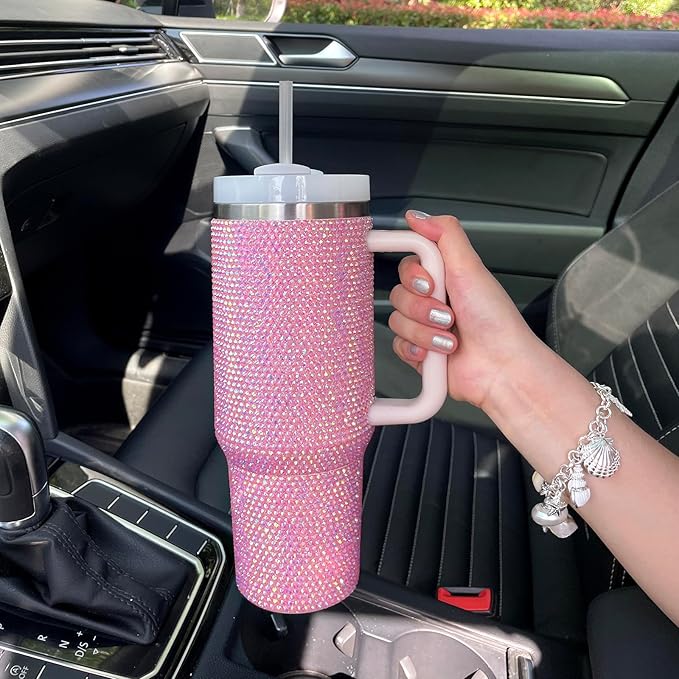 40oz Bling Tumbler with Handle and Straw Lid Rhinestone Studded Tumbler Cups Vacuum Insulated Stainless Steel Double Wall Water Bottle Travel Mug Gifts for Women Her (Light Rose)