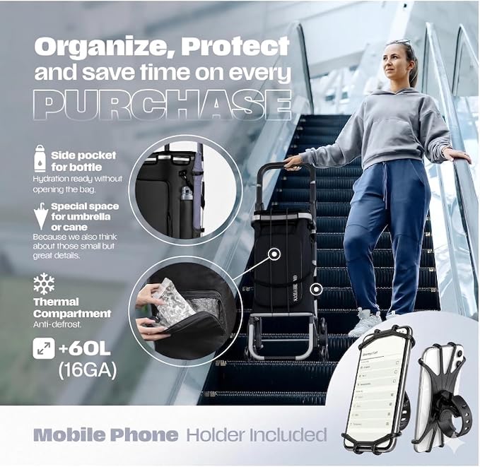 Folding Cart With Wheels Waterproof 88 lb, Phone Support & Elastic Ropes for Grocery Shopping – Grocery Cart On Wheels Foldable - Carts With Wheels For Groceries, Shopping Carts For Groceries Foldable
