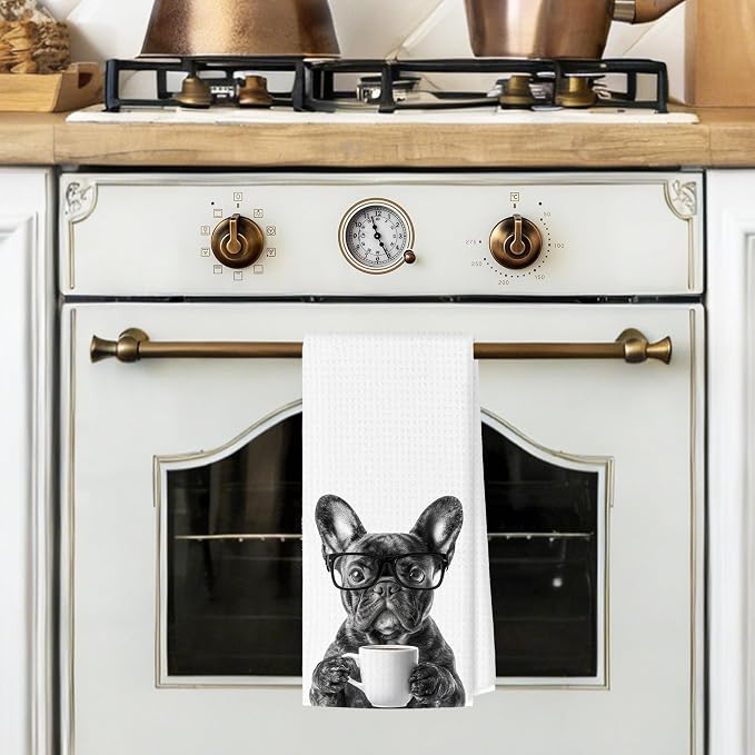 Funny French Bulldog Kitchen Towels, Dog Kitchen Accessories, Dog Chef Gifts for Women Decorative Hand Towels for Kitchen Decor, Coffee Lovers Gifts Dish Tea Towel, 16x24 Inch