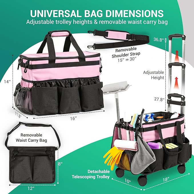 Large Rolling Cleaning Caddy Bag w/Detachable Trolley & Lid - Portable Cleaning Cart on Wheels w/Shoulder Strap & Waist Pouch - Cleaning Supplies & Tool Organizer for Home, Office, Car (Pink)