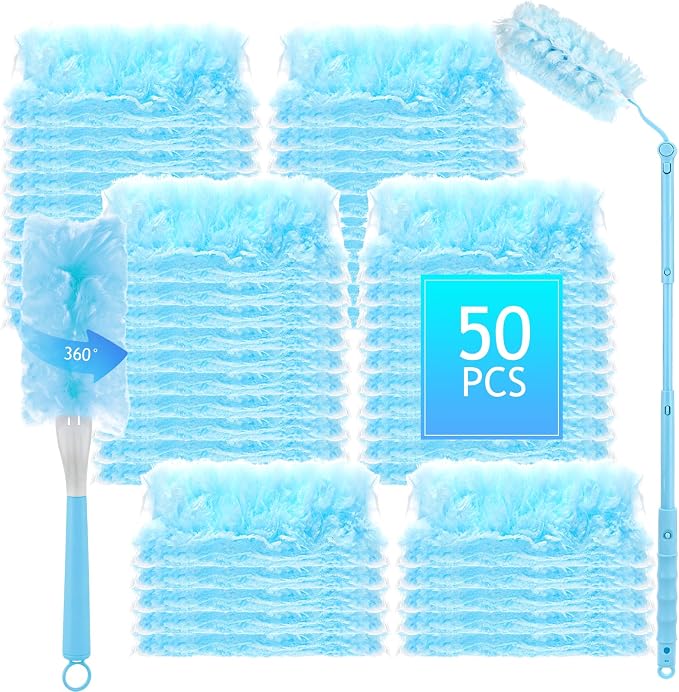 50 PCS Heavy Duty Duster Refills with Retractable Handle and Short Handle, Disposable Surface Duster Kit for Cleaning Dusting Furniture Blind Ceiling Fan (Blue)