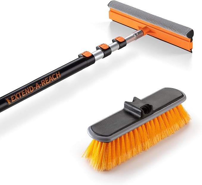 4-12 ft Window Washer Squeegee Kit with Extension Pole (20+ Reach) and Medium Bristle Deck Scrub Brush Head // Window, Car, Roof, Patio & Deck Cleaning Set // Telescopic Multi-Use Cleaning Tools