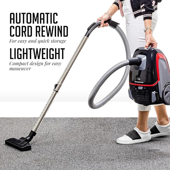 OVENTE Canister Upright Vacuum Cleaner with 1400W Powerful Suction, Telescoping Wand and Automatic Cord Rewind, Lightweight Cleaning Machine for Hard Floors and Carpets, Black ST1600B