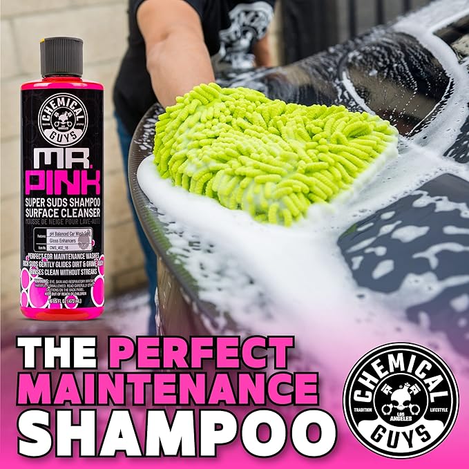 Chemical Guys Mr. Pink Car Wash Soap & Chenille Wash Mitt Kit - 64 oz High Foaming Auto Shampoo with Plush Microfiber Mitt - Safe for Cars, Trucks, Motorcycles, and RVs - Scratch-Free Cleaning Combo