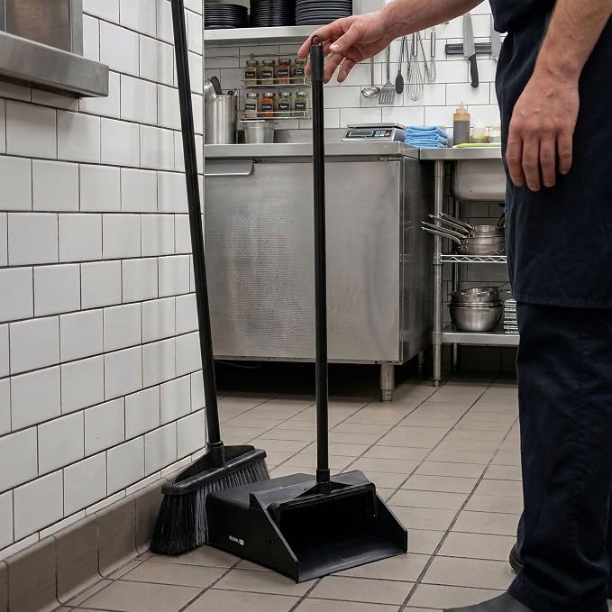 Restaurantware RW Clean 11.8 x 11 x 34 Inch Stand Up Dustpan 1 With Handle Lobby Dustpan - Broom Sold Separately With Broom Clip Black Plastic Long Handle Dust Pan Lightweight Heavy-Duty