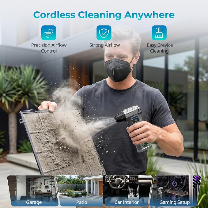 Compressed Air Duster, 130000RPM Electric Air Duster with Smart LED Display, Stepless Speed Control, Fast Charging 8000mAh Rechargeable Air Blower for PC Keyboard, Car and Home Cleaning