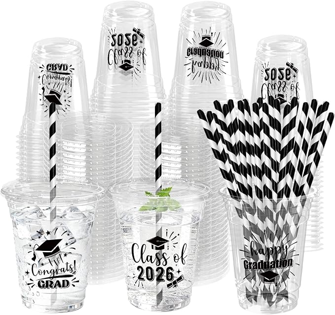 50 Pack Graduation Plastic Cups with Lids Straws 12 oz Black Disposable Class of 2026 Decorations Graduation Party Favor Drinking Beverage Cup for Party Supplies Decorations
